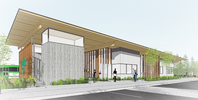 The $2.1 million transit center being constructed in Riverstone in Coeur d'Alene will include a waiting shelter, public restrooms, office space, a multi-purpose conference room,  storage space, dispatch and driver breakroom. (Rendering courtesy of Kootenai County)