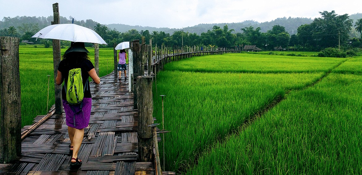 Nicola McLachlan of Coeur d&#146;Alene follows daughter Becca along a bamboo bridge over a rice paddy in Thailand during a rainy day in September 2016. Nicola and husband Evan embarked on a yearlong global journey with their kids, Becca (then 10) and son Jamey (then 12), to give them a better perspective of the world as they lived, worked and played among people of different cultures. They also did it on a tight budget of about $113 a day. (Courtesy photo)