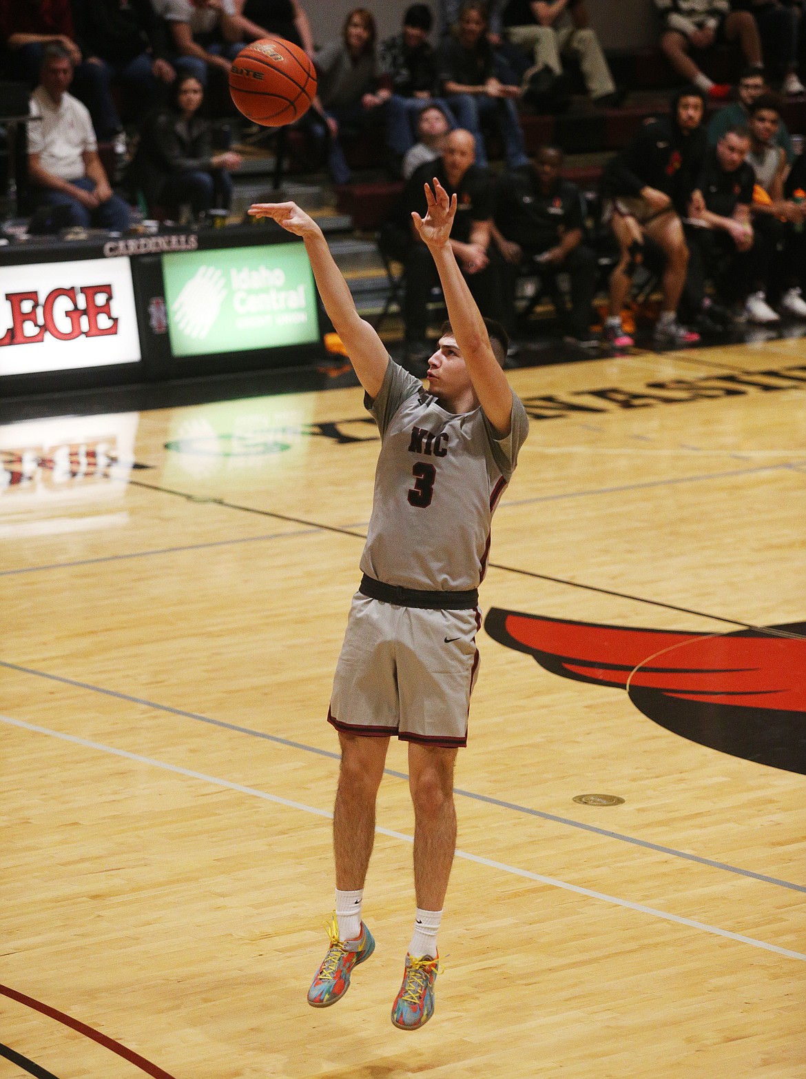 LOREN BENOIT/Press
North Idaho College guard Emmitt Taylor III shoots a 3 in a game against Fairchild AFB Tuesday night at NIC. Taylor hit 12 3s and scored 46 points in the Cardinals&#146; 135-70 win over the Falcons.