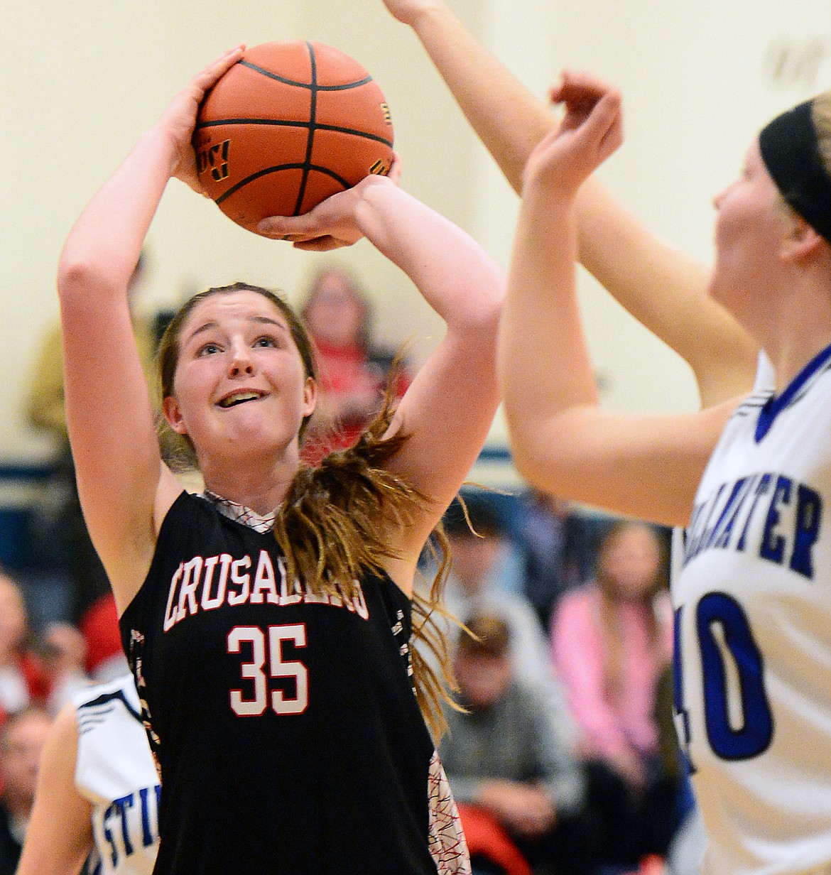 Flathead Valley Homeschool's Makaila Burlingame (35) looks to shoot against Stillwater Christian at Stillwater Christian School on Friday. (Casey Kreider/Daily Inter Lake)