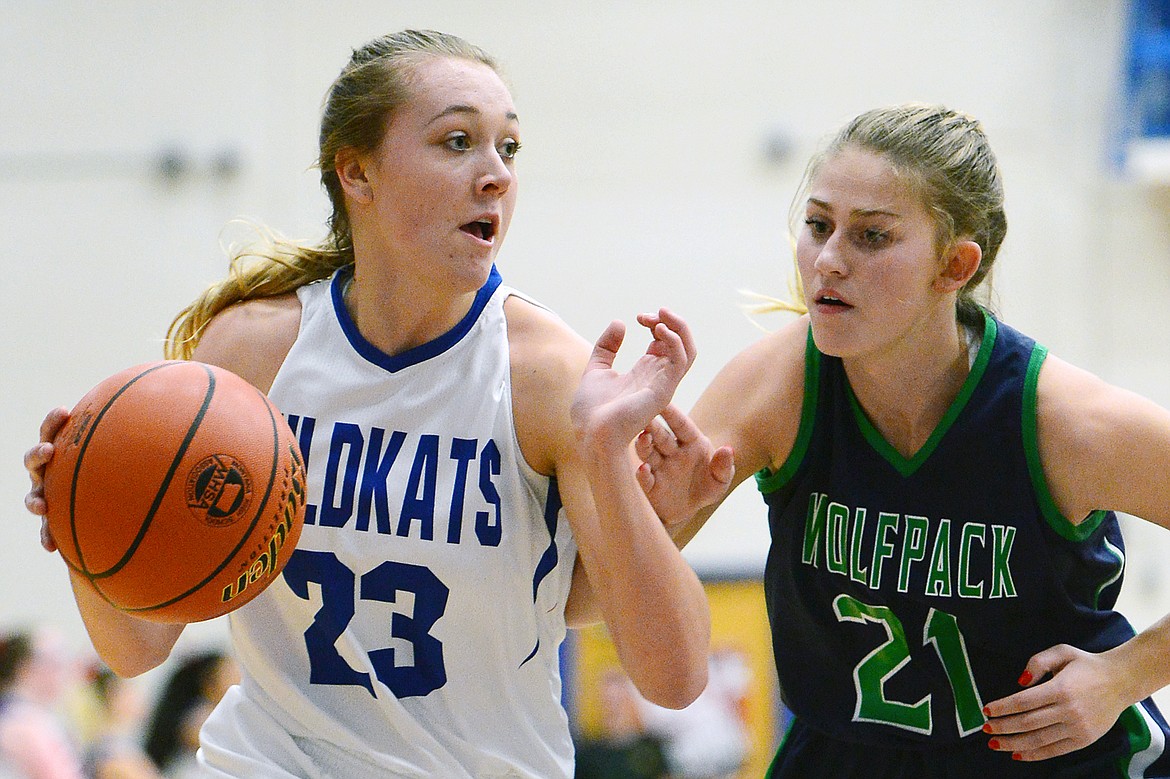 Columbia Falls' Ryley Kehr (23) dribbles around the defense of Glacier's Abi Manger (21) at Columbia Falls High School on Thursday. (Casey Kreider/Daily Inter Lake)