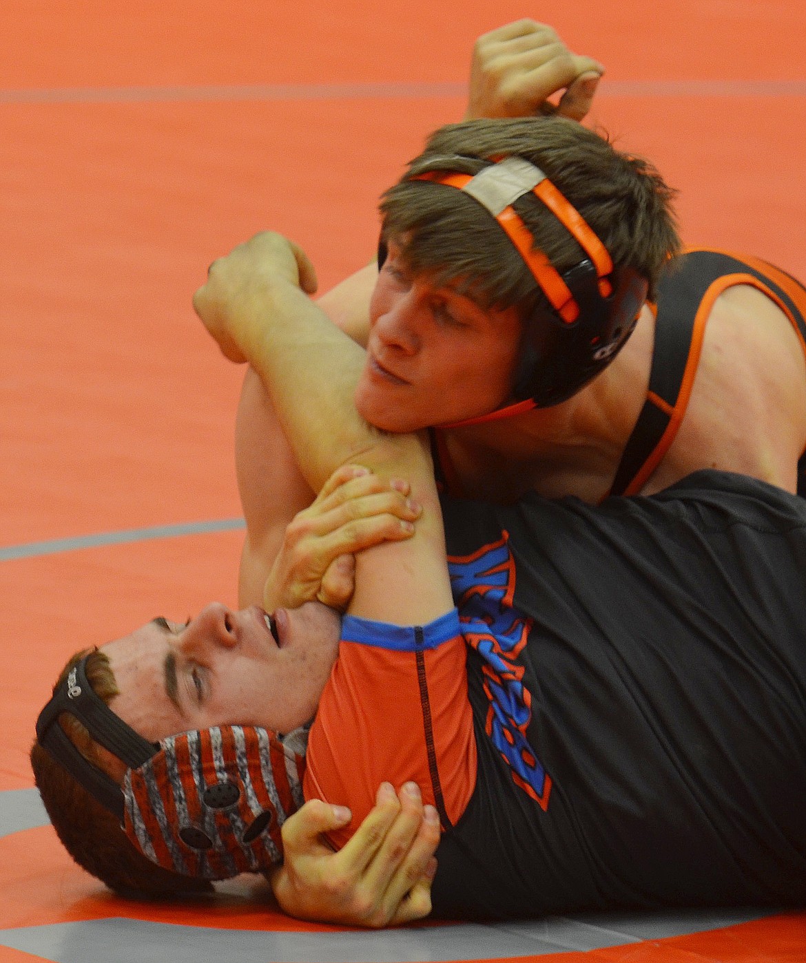 Josiah Vanderwall of Plains/Hot Springs is moments away from pinning Eli Tidwell of Bigfork during the Arlee Quad held last Friday. Vanderwall won both of his quad matches by fall. (Joe Sova/Clark Fork Valley Press)