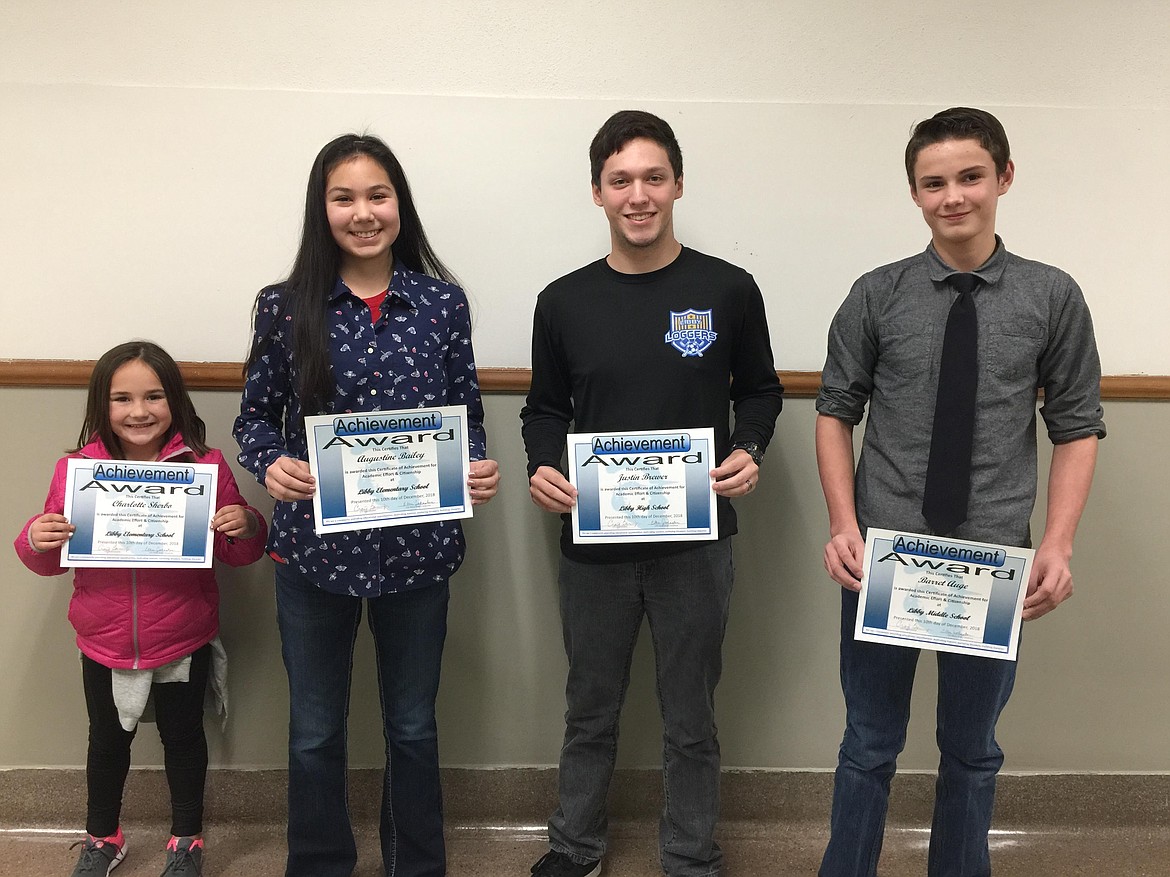 The staff at Libby Public Schools recognized the following students Monday at the Board of Trustees meeting. These students were recognized for their citizenship and outstanding character. Charlotte Sherbo, 1st grade; Augustine Bailey, 5th grade; Justin Brewer, 12th grade; and Barret Auge, 7th grade. (Courtesy photo)