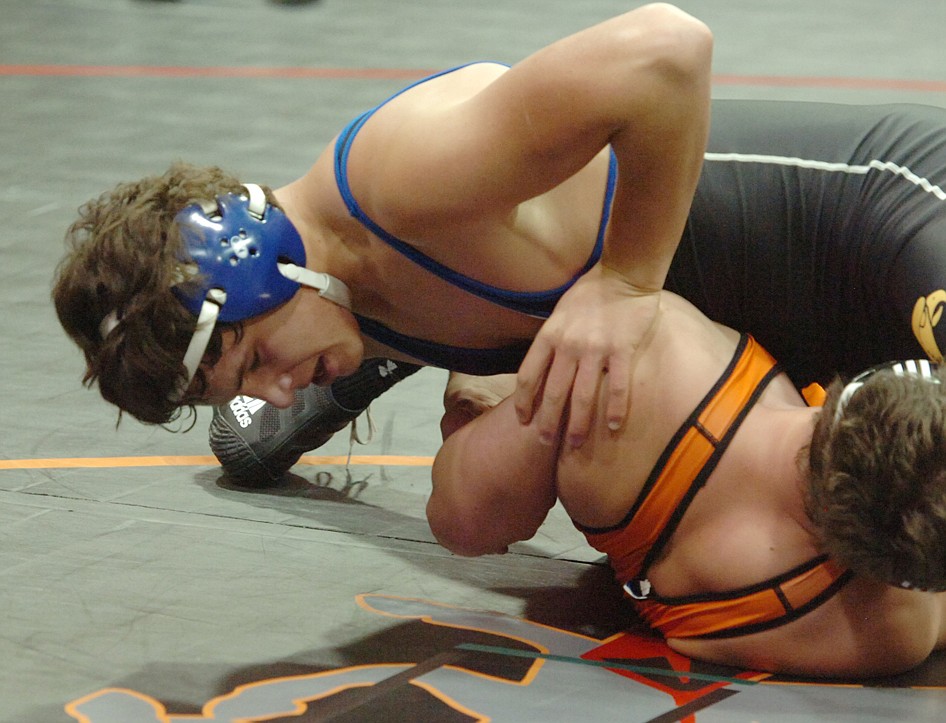 Thompson Falls/Noxon grappler Dane Chojnacky works his way toward a win by fall over Gavin Pilkington of Eureka during last Thursday&#146;s Plains/Hot Springs quad in Hot Springs. (Joe Sova/Clark Fork Valley Press)