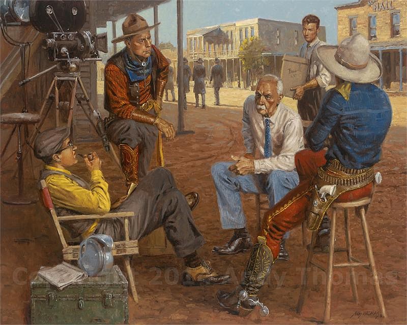 Painting by ANDY THOMAS
This image depicts Wyatt Earp on a Hollywood movie set talking with director John Ford and cowboy actors William S. Hart and Tom Mix about the gunfight at O.K. Corral, with a young prop boy John Wayne listening in.