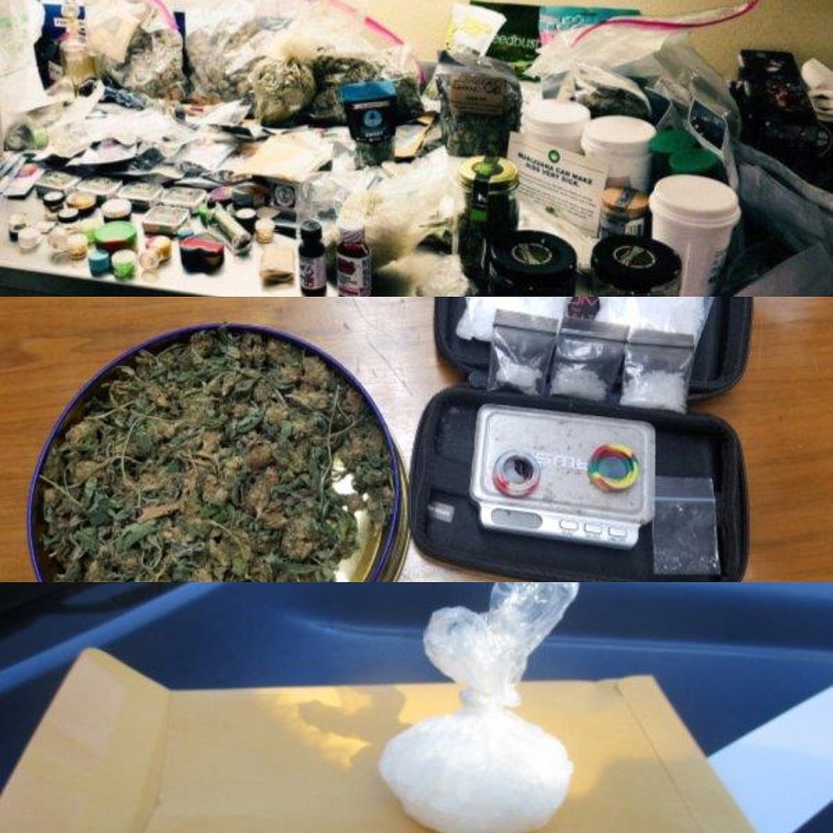 Courtesy photos/
Several examples of drugs seized by SCSO and other law enforcement agencies with the help of Lulu in the past 7 months.
(Top) Various amounts of illegal substances seized during an ISP emphasis, with the help of Lulu.
(Middle) A sizable amount of marijuana, methamphetamine, and paraphernalia found by Lulu.
(Bottom) Methamphetamine recovered from a traffic stop Lulu was apart of.