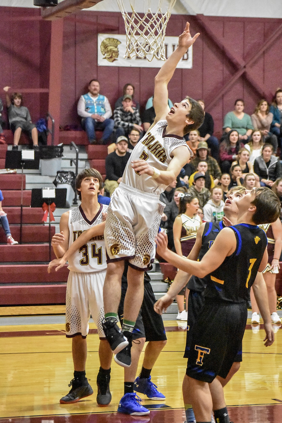 Troy senior Trevor Hoagland puts up the first Trojan points of the game against Thompson Falls Friday. (Ben Kibbey/The Western News)