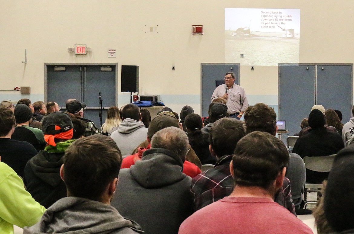 Brad Livingston speaks to Alta Forest Group in the Naples Elementary School gym, talking about the importance of safety in the workplace.

Photo by MANDI BATEMAN