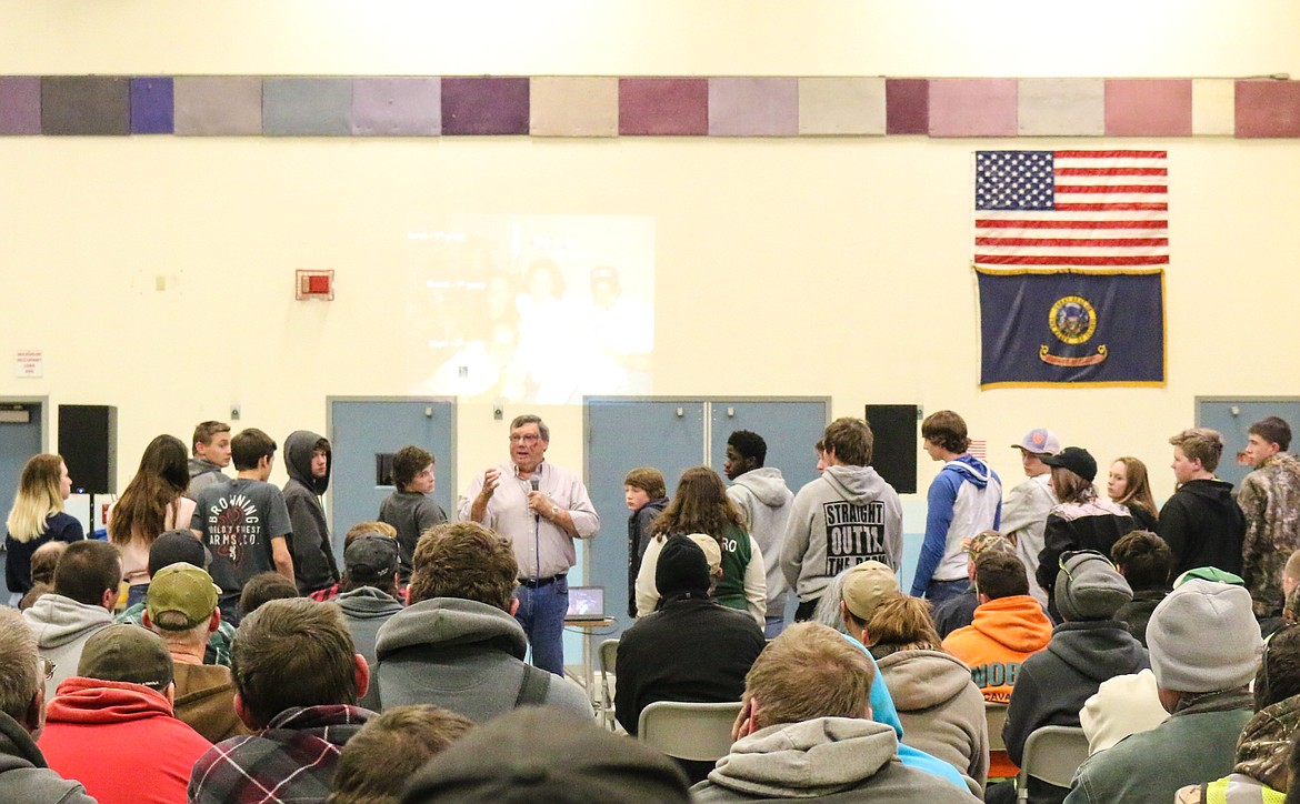 Photo by MANDI BATEMAN
Brad Livingston asks the Bonners Ferry High School students to stand during an unscripted part of his speech.