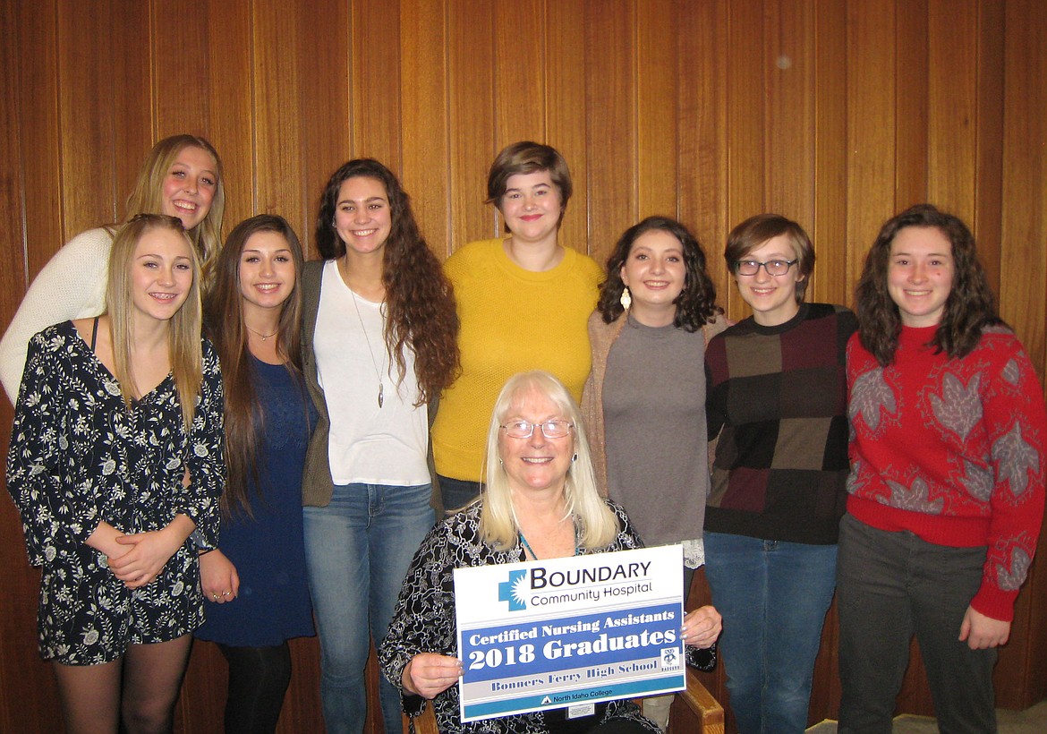 Courtesy photo
Certified Nursing Assistant Program graduates include, from left: Grace Villelli, Jerzie Pluid, Gabriella Barajas, Sydney Nelson, Jericho Hermsen, Yone Naranjo, Jamie Cromwell, and Hannah Beazer. (Missing from the photo Isaac Wilson) Seated: Tracey Maas, RN Instructor