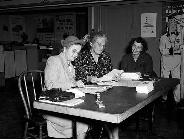 Flathead Republican Women had their headquarters at the Himsl-Wohlwend car dealership in Kalispell for many years. This Nov. 5, 1950, photo shows club officers, from left, secretary-treasurer Caroline Walchi, president Nell MacDonald and vice president Sylvia Murphy prior to a meeting to discuss their campaign and election plan.