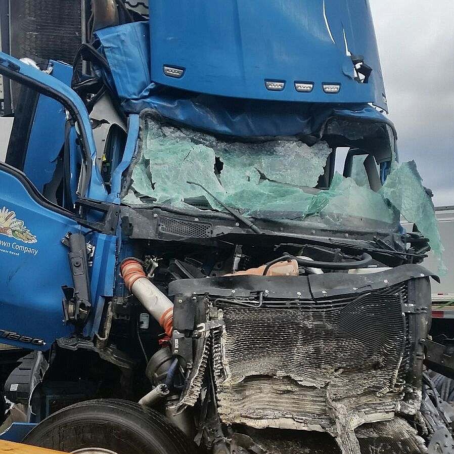 The cab of one of the semis was crushed as a total of five trucks were involved in an early-morning wreck on I-90 near the Quartz Creek Campground and Rest Area on Dec. 19. (Photo courtesy of Superior Volunteer Fire Department)