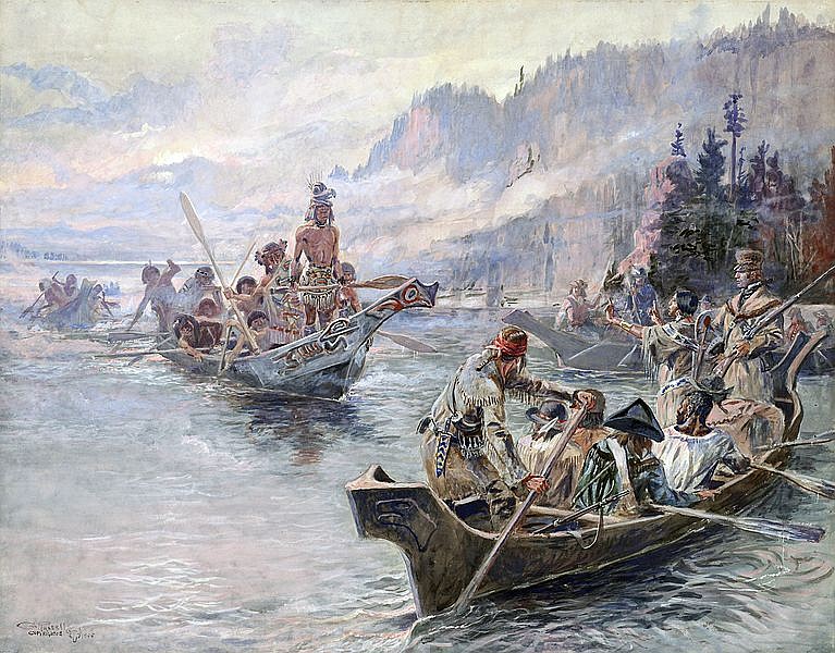PUBLIC DOMAIN
Painting by Charles M. Russell of the Lewis and Clark expedition meeting with indians on the Columbia River.