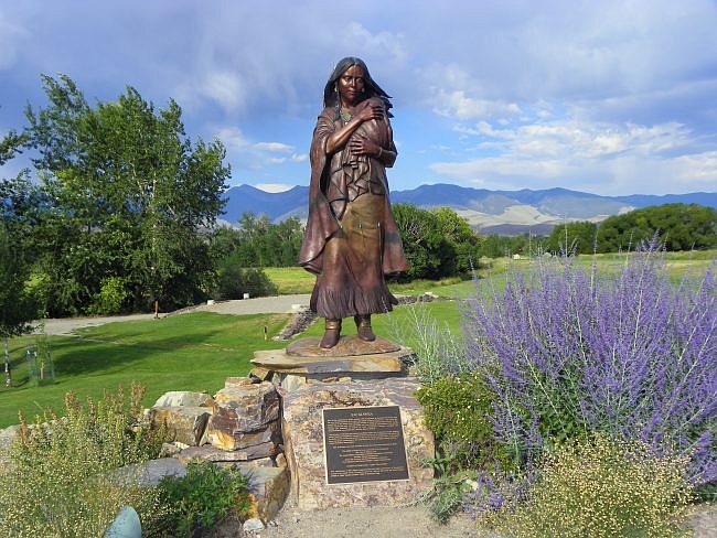 Photo courtesy of THEAMERICANHISTORY.ORG
Statue of Shoshone Sacagawea and infant son Pompey in Salmon, Idaho, were an important part of the Lewis and Clark expedition (1804-1806).