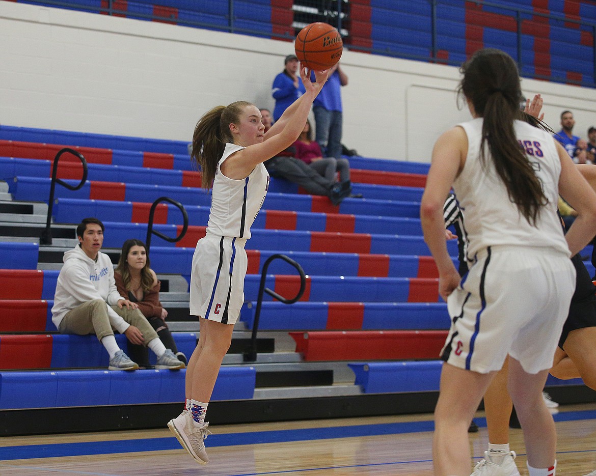 Coeur d&#146;Alene&#146;s Tori Younker shoots the game winning shot in Tuesday night&#146;s game against Post Falls. The Vikings defeated the visiting Trojans 49-48 in overtime. (LOREN BENOIT/Press)