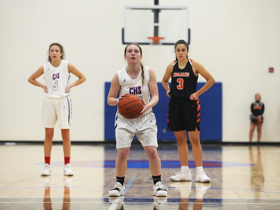 Coeur d&#146;Alene&#146;s Emma Whiteman eyes the basket before shooting a free throw during Tuesday&#146;s game against Post Falls. (LOREN BENOIT/Press)