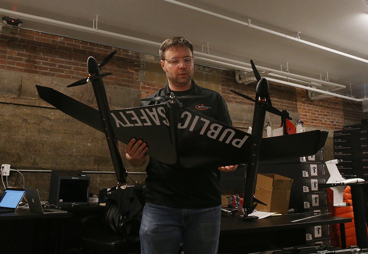 LOREN BENOIT/Press
Each First iZ drone is designed to take off vertically like a helicopter and then fly horizontally like an airplane, and will fly at 200-400 feet up and be visually distinct with its wing shape and &#147;public safety&#148; markings.