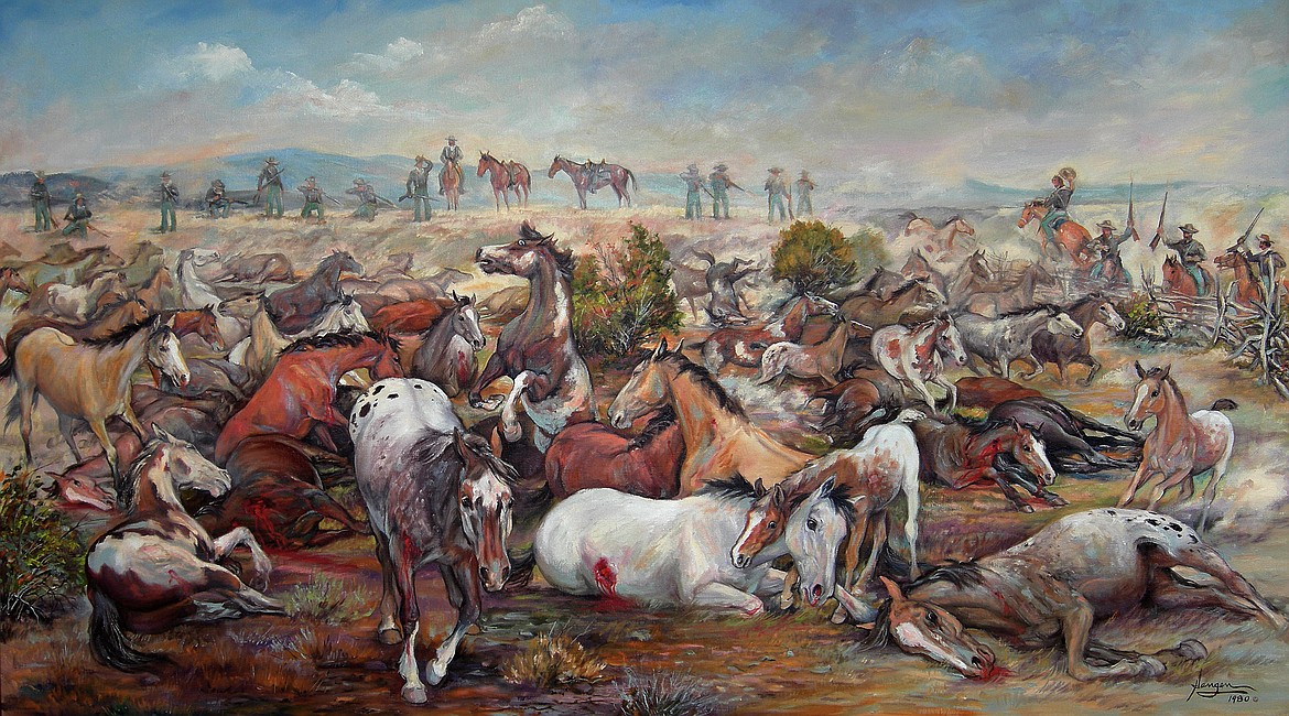 PAINTING BY NONA L. HENGEN
U.S. Army Colonel George Wright ordered the slaughter of 800 to 900 Indian horses in Spokane Valley near Post Falls in 1858, to prevent the Indians from waging further warfare