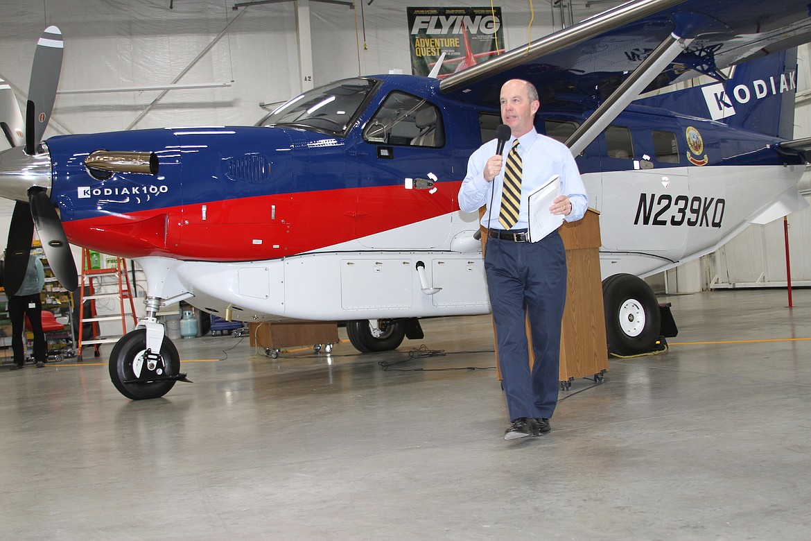 (Photo by KEITH KINNAIRD)
Mike Pape, administrator of the Idaho Transportation Department&#146;s Division of Aeronautics, outlines the missions the Quest Kodiak 100 will take part in.