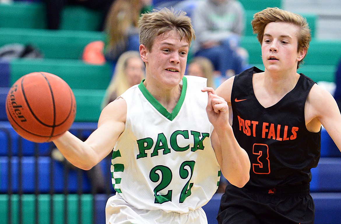 Glacier's Michael Schwarz (22) looks to pass on his way to the basket with Post Falls' Caden McLean defending at Glacier High School on Friday. (Casey Kreider/Daily Inter Lake)