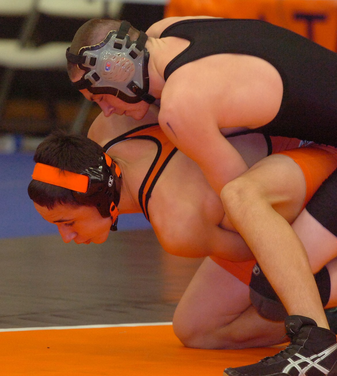 Peter Carey of Plains/Hot Springs gets superior position over Julian Strait of Ronan during a consolation dual at the Western Montana Duals held last Friday and Saturday in Ronan. (Joe Sova/Clark Fork Valley Press)