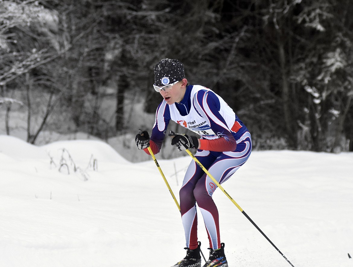 Ruedi Steiner of Whitefish nears the finish line of the 10K classic at the annual Glacier Glide on Sunday at the Dog Creek Lodge and Nordic Center in Olney. (Heidi Desch/Whitefish Pilot)