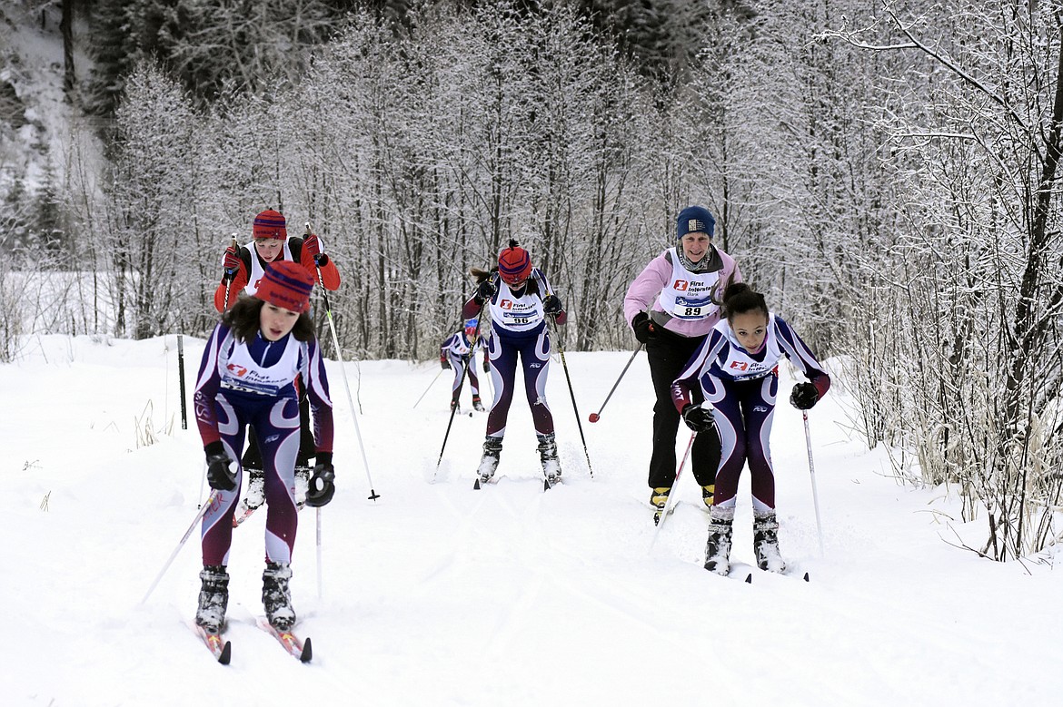Racers begin to spread out near the start of the 3K classic race at the annual Glacier Glide on Sunday at the Dog Creek Lodge and Nordic Center in Olney. (Heidi Desch/Whitefish Pilot)