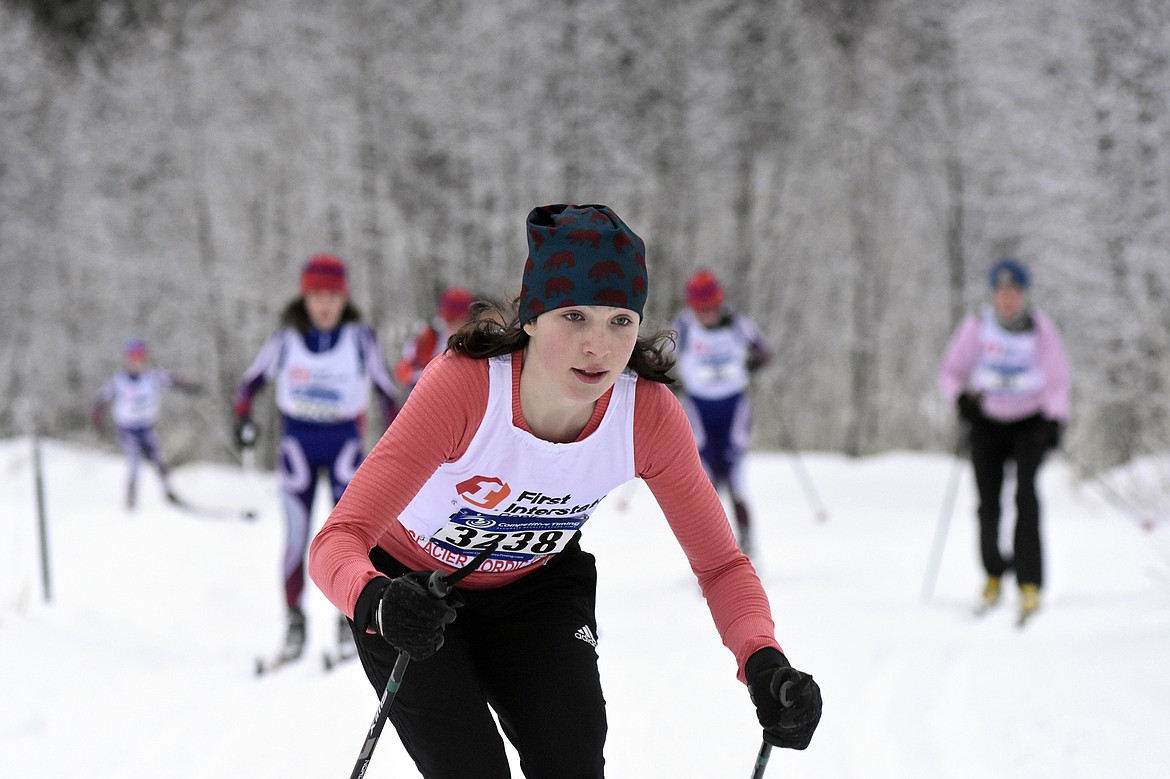 Finley McCarthy of Whitefish skies near the start of the 3K classic race at the annual Glacier Glide on Sunday at the Dog Creek Lodge and Nordic Center in Olney. (Heidi Desch/Whitefish Pilot)