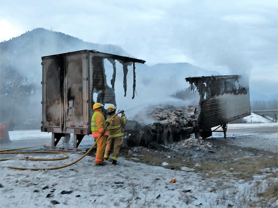 A semi-truck trailer carrying 30,000 pounds of raw chicken breast was destroyed due to fire on Jan. 3 on I-90 near Haugen. (Photo by Shawn Cielke)