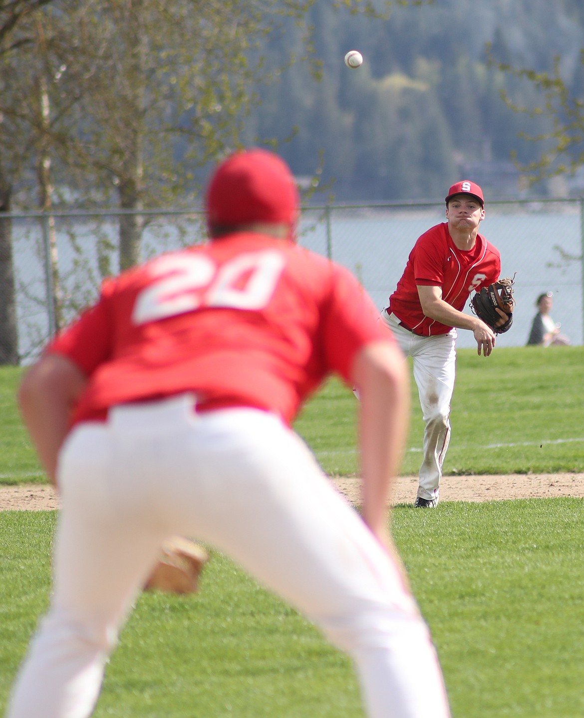 (Photo by ERIC PLUMMER)
Thomas Riley (right) throws to Trey Flint (left) during a 3-1 loss to Lakeland on May 7. The 2018 All-IEL selection took his talents to Idaho State after graduation, and has quickly stood out on the Bengals&#146; roster. Riley hit .310, notched 9 RBIs and recorded a .991 OPS en route to winning MVP honors during Idaho State&#146;s eight-game fall league season. The two-way player also pitched 8.2 innings in six appearances for the Bengals.