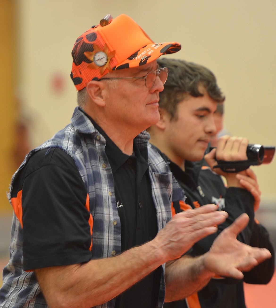 Plains/Hot Springs wrestling head coach Jeff Kujala encourages one of his grapplers during the Arlee Mixer earlier this season. (Joe Sova/Clark Fork Valley Press)