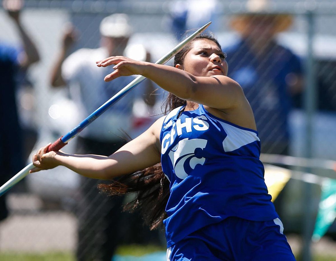 Angellica Street won the javelin at the Class A State Track Meet in Laurel Friday with a toss of 147 feet, 7 inches. (Bethany Baker - Billings Gazette)