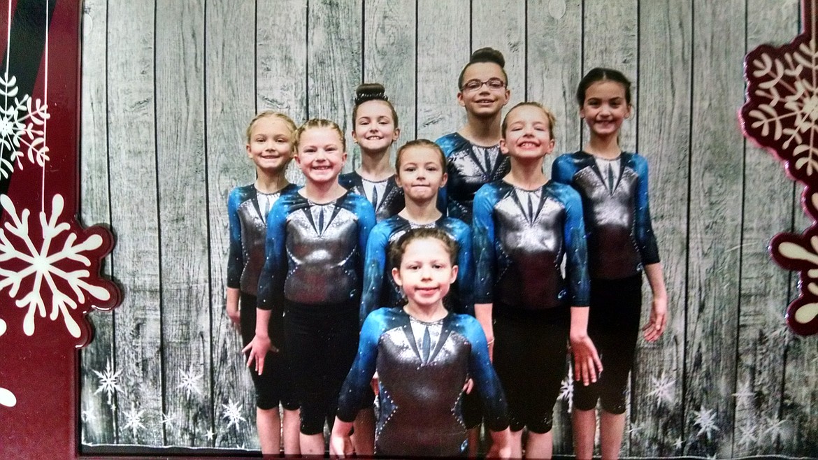 Courtesy photo
Technique Gymnastics Level 3s placed second at The Winter Spirit 2019 in Clarkston, Wash. In the front is Karlie Mosqueda; second row from left, McKenzie Labelle, Madeleine Hoare and Zoey Fletcher; and back row from left, Lillian Welton, Elizabeth Hoare, Allison Porcello and Emily Russell.