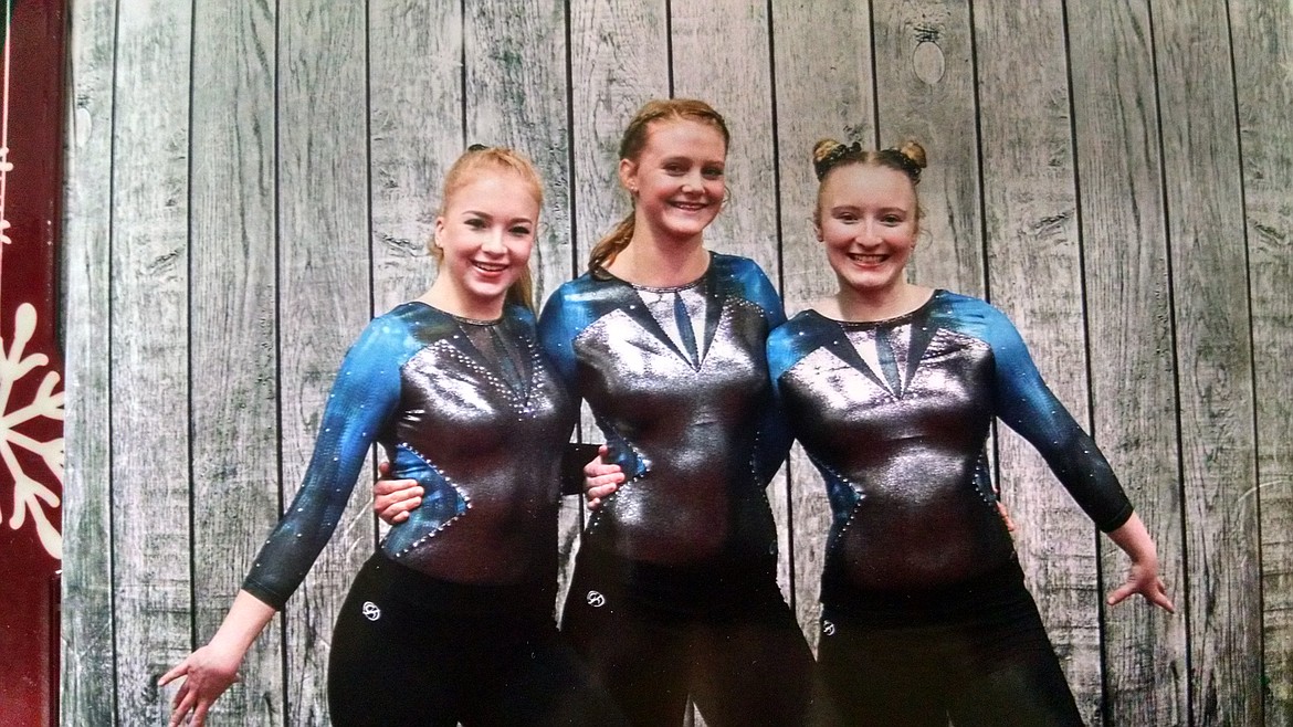 Courtesy photo
Technique Gymnastics Xcel Platinums and Xcel Diamonds competed at The Winter Spirit 2019 in Clarkston, Wash. From left are Natalie Brett, Amber Shoolroy and Bethany Frey.