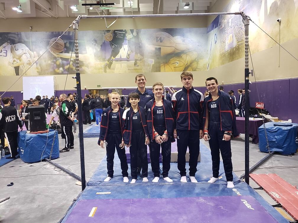 Courtesy photo
The Avant Coeur Gymnastics Optional Boys team competed at the Washington Open in Seattle. In the front row from left are Brandon Decker, Grayson Mcklendin, Jesse St. Onge, Henry Pals and Kyle Morse; and rear, coach Jerry Blakely.