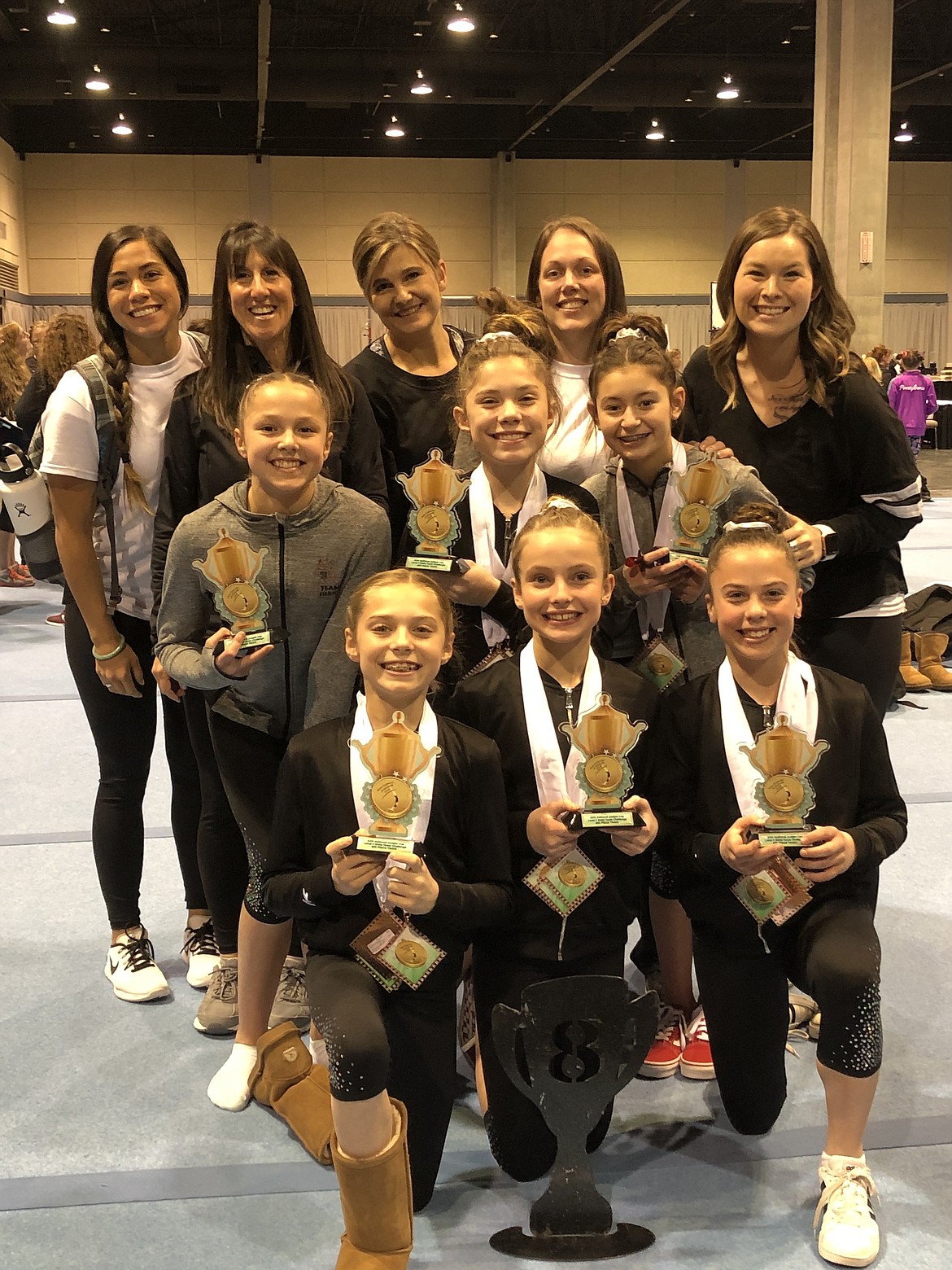 Courtesy photo
Idaho took 8th out of 17 states competing in Level 7 at the National Judges Cup in Overland Park, Kan. In the front row from left are Hannah Crawford (Boise), Presleigh Hines (Boise) and Hannah Milne (Driggs); middle row from left, Madalyn McCormick (Coeur d&#146;Alene), Macy Crawford (Boise) and Nikki Lavarello (Boise); and back row from left, coaches Meghan Henze (Boise), Cheri Milne (Driggs), Barbara DePasquale (Coeur d&#146;Alene), Natalie Lee (Boise) and Kelsey Kato (Coeur d&#146;Alene).