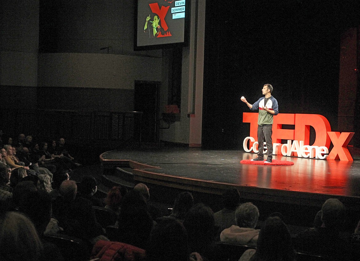 DEVIN WEEKS/Press 
Performance poet, community activist and Figpickels toy salesman Devin Sommer discusses the importance of playing in real life rather than just online at the third annual TEDxCoeur d&#146;Alene, Saturday at the Kroc Center.