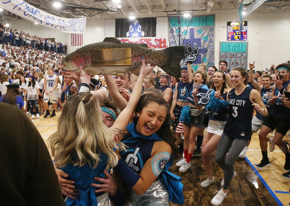 Lake City High School students celebrate winning The Fish at the end of Friday night&#146;s cross-town rivalry spirit contest. The Timberwolves have won The Fish nine straight years.  (LOREN BENOIT/Press)