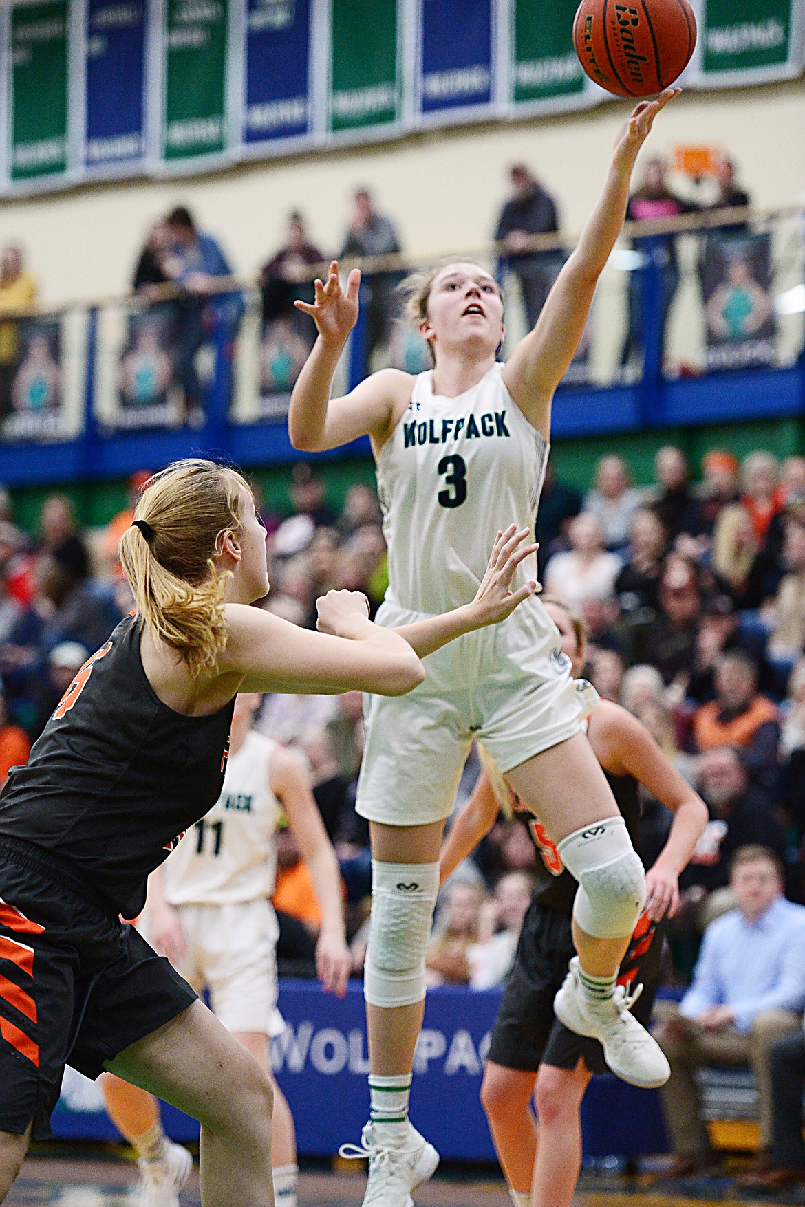 Glacier's Kali Gulick (3) drives to the basket during a crosstown matchup with Flathead at Glacier High School on Friday. (Casey Kreider/Daily Inter Lake)