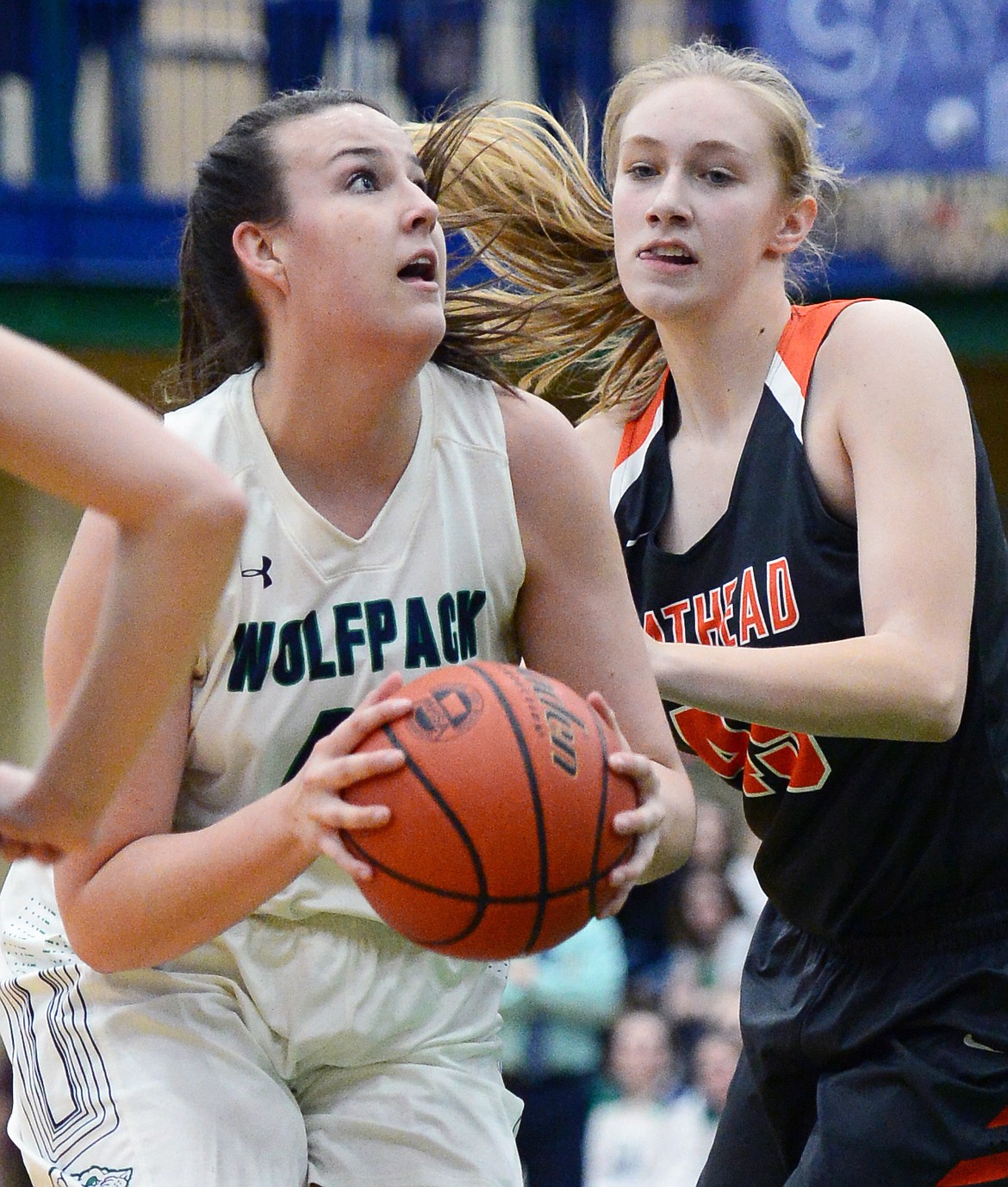 Glacier's Raley Shirey (40) looks to shoot with Flathead's Rebecca Eacker (45) defending during a crosstown matchup at Glacier High School on Friday. (Casey Kreider/Daily Inter Lake)
