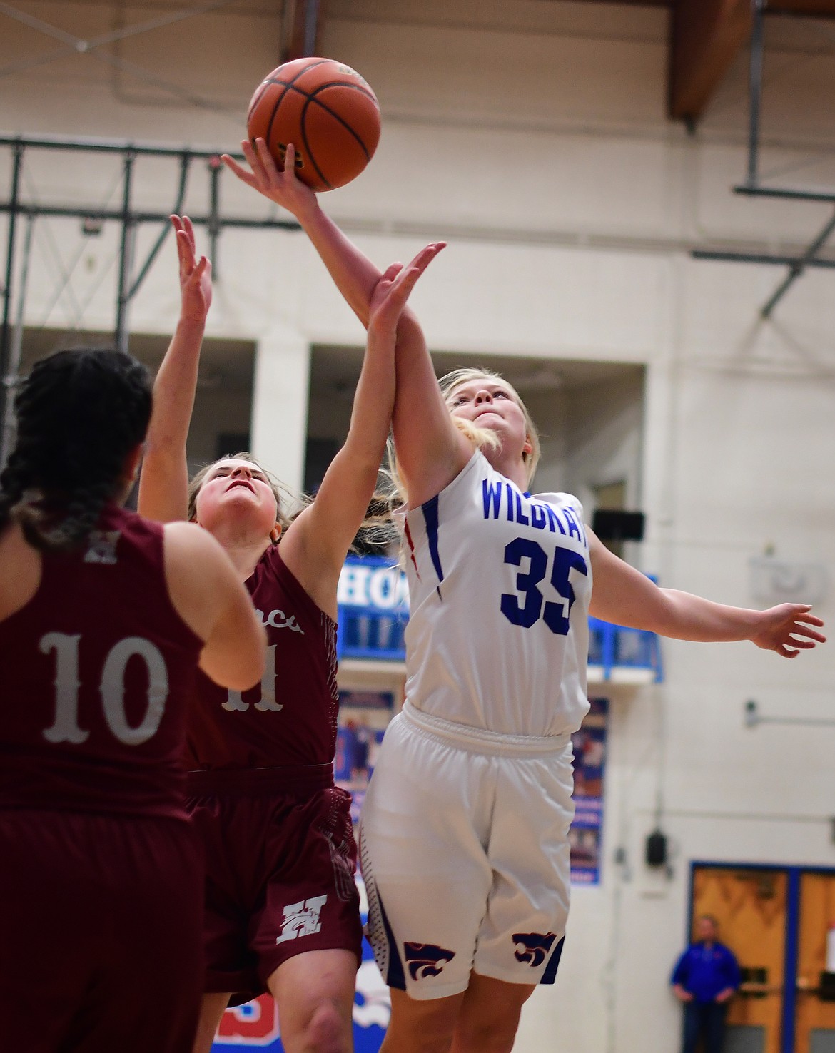 Wildkat Trista Cowan reaches over Hamilton&#146;s Maggie Ringer for a rebound Saturday. (Jeremy Weber photo)