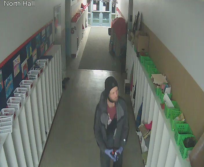 Courtesy photos
This video surveillance footage of a burglar from the north hall of Naples Elementary School. Boundary County Sheriff Dave Kramer said he has identified a suspect in the school burglary, and that the burglar may have returned to the school in a different jacket.