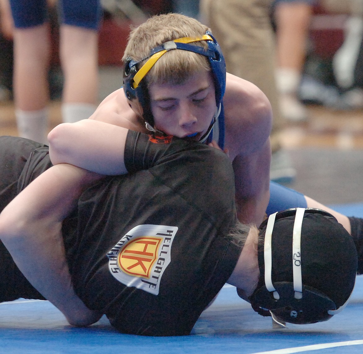 THOMPSON FALLS/Noxon freshman Trae Thilmony, pictured during action last month, won his third tournament title this season by taking top honors at 113 pounds at the Choteau Invitational last weekend. Teammates Roman Sparks and Dakota Irvine were second in their weight classes. (Joe Sova/Clark Fork Valley Press)