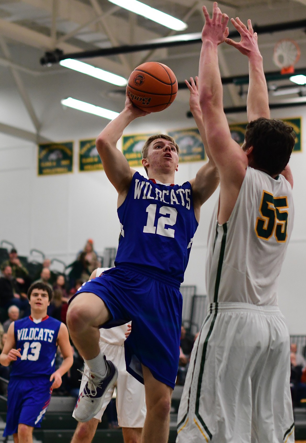 Drew Morgan goes up for two of his team-high 23 points against the Bulldogs in Whitefish Thursday. (Jeremy Weber photo)