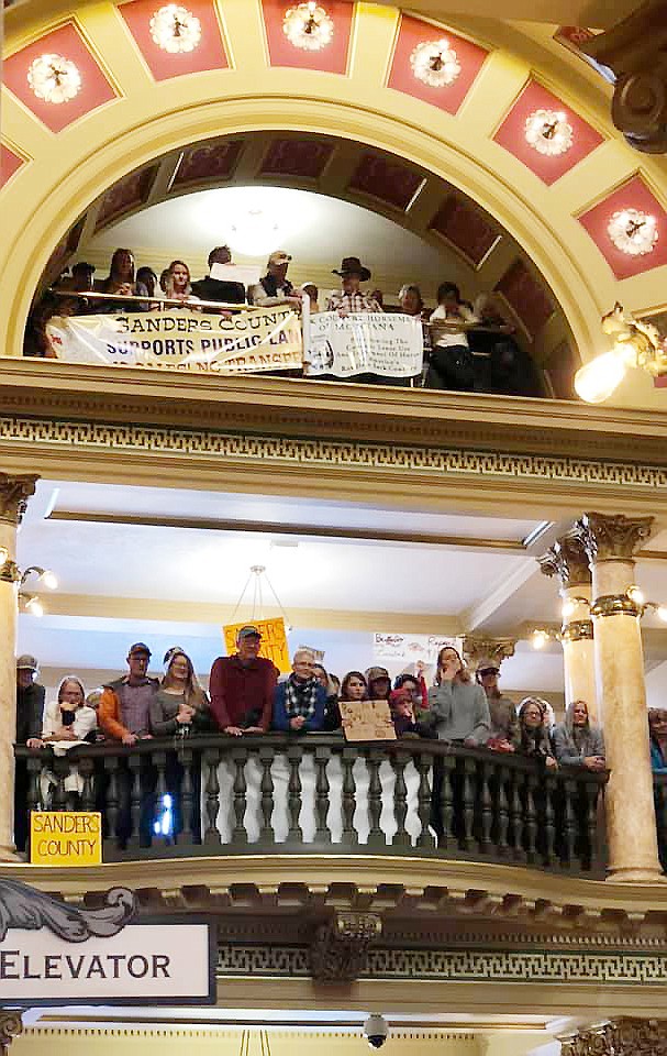 Sanders County signs brought attention to area supporters of keeping federal land ownership rather than transferring it to state ownership at a rally at the state capitol rotunda in Helena last Friday. (Photo courtesy of Daisy Carlsmith)