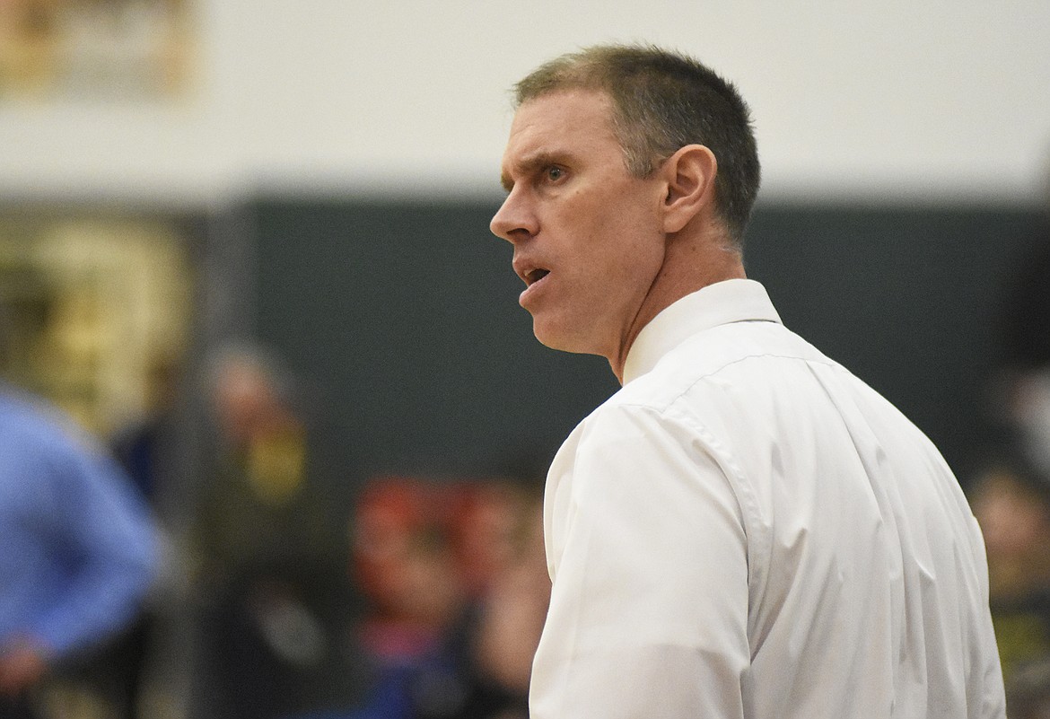 Whitefish head coach Scott Smith looks on in disbelief after a missed foul call during the Bulldogs&#146; 60-45 win over Columbia Falls on Thursday. (Daniel McKay/Whitefish Pilot)