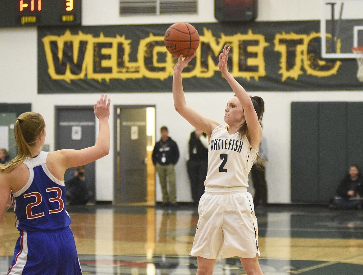 Kaiah Moore shoots a mid-range jumpshot against the Columbia Falls Wildkats last Thursday. (Daniel McKay/Whitefish Pilot)