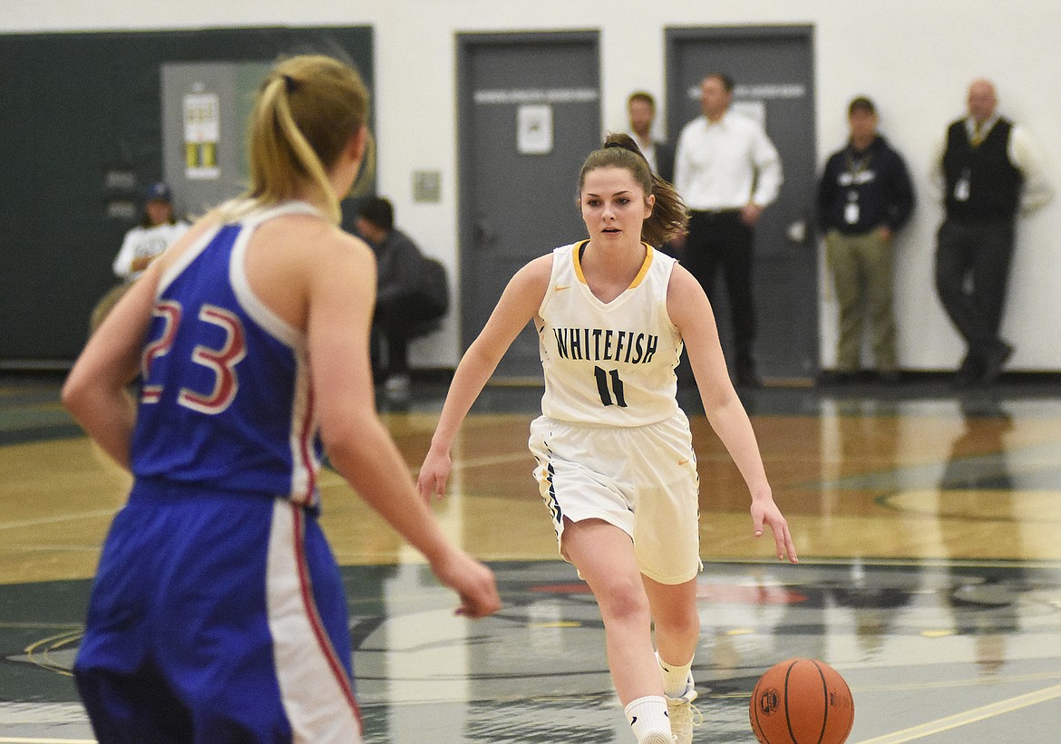 Claire Carloss brings the ball up against the Columbia Falls Wildkats last Thursday. (Daniel McKay/Whitefish Pilot)