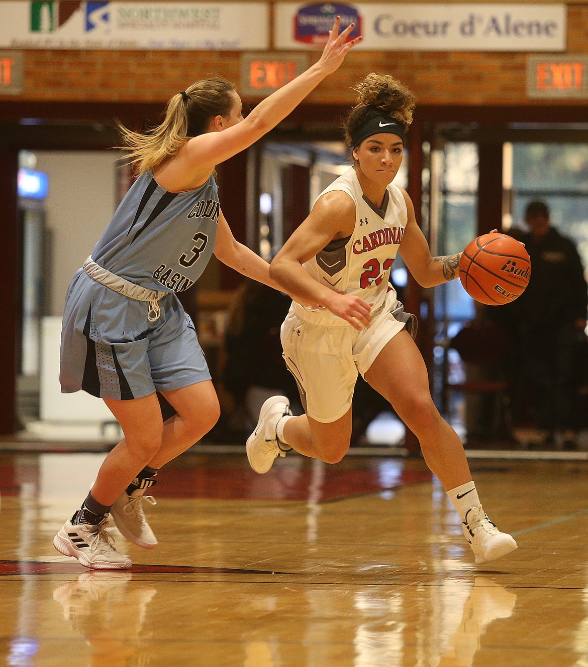 North Idaho College guard Halle Eborall dribbles the ball down the court while defended by Abigayle Myers of Columbia Basin College on Monday.