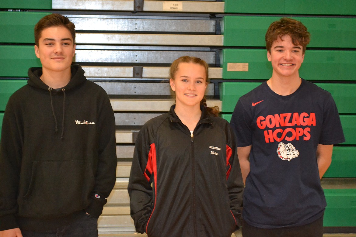 Courtesy photo
Helping out the next generation of Hoop Shooters in our area are Coeur d&#146;Alene High School senior Dylan Bengtson (National Finalist in 2011), Post Falls High freshman Lexi Heath (National Finalist in 2018) and Coeur d&#146;Alene High senior Zach Mackimmie (National Finalist in 2012 and 2013). All three volunteered at the Coeur d&#146;Alene Elks Hoop Shoot Jan. 13 at Lakeland High in Rathdrum to give back to the kids that are following in their footsteps.